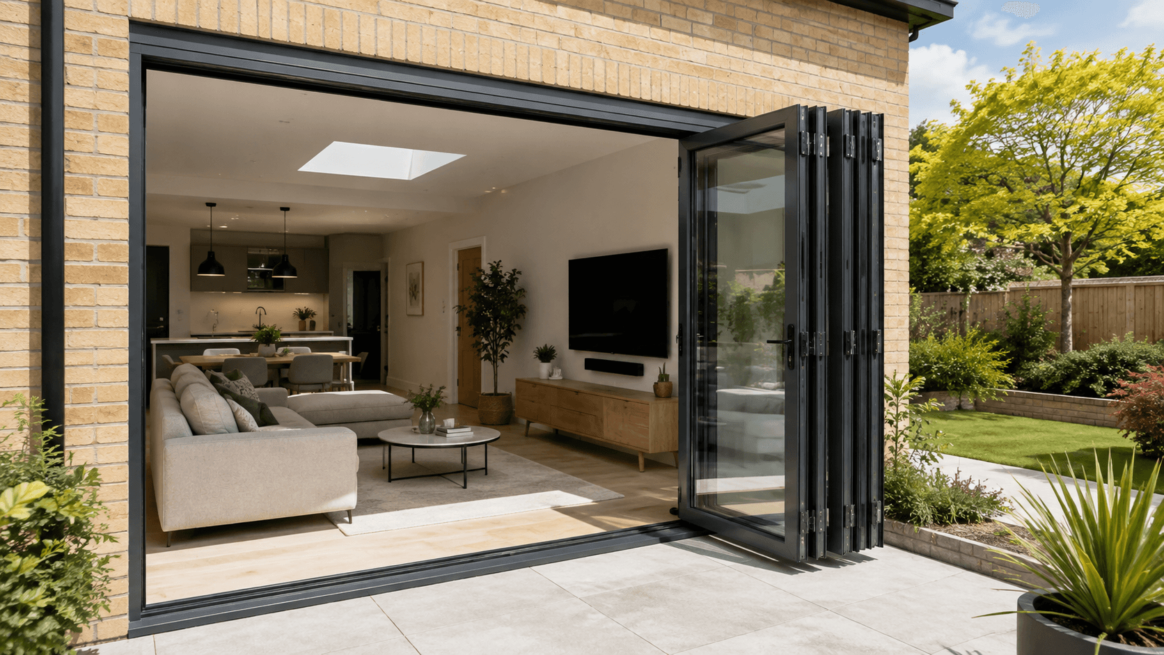 Aluminium bifold doors open onto a garden