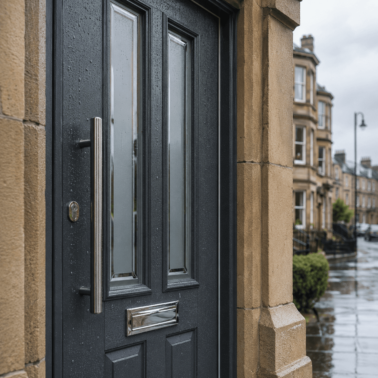 Composite door in Anthracite grey wet from Scottish rain, showing weather-resistant GRP finish