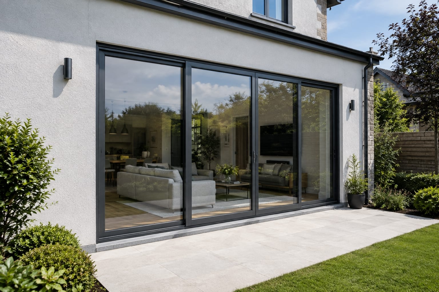 Exterior view of slim aluminium sliding patio doors on a Scottish home