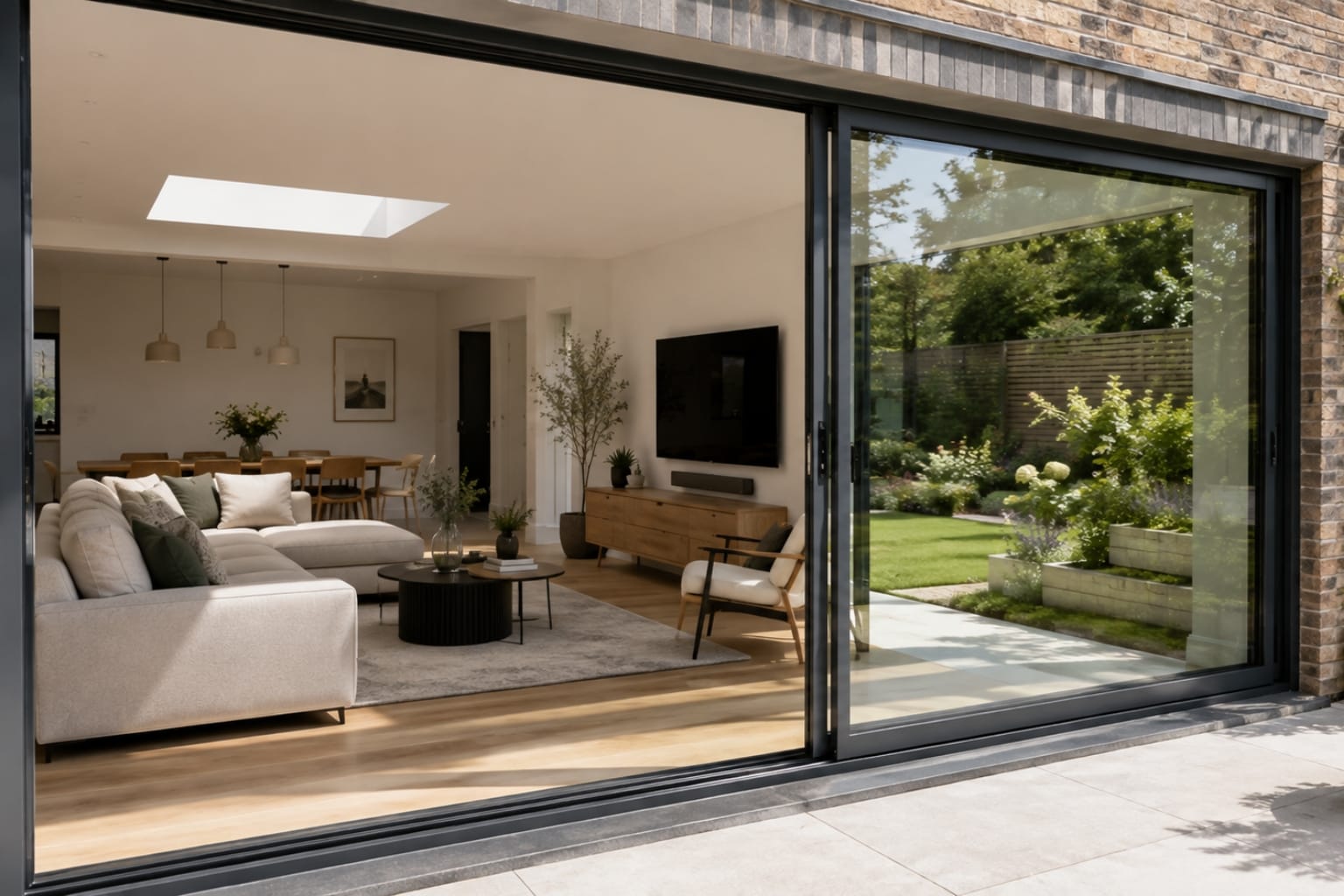 Aluminium sliding patio doors open onto a garden