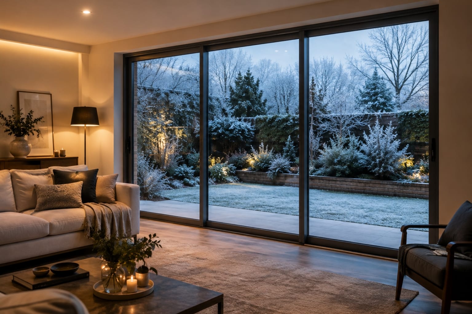 Energy-efficient sliding patio doors keeping a room warm and bright