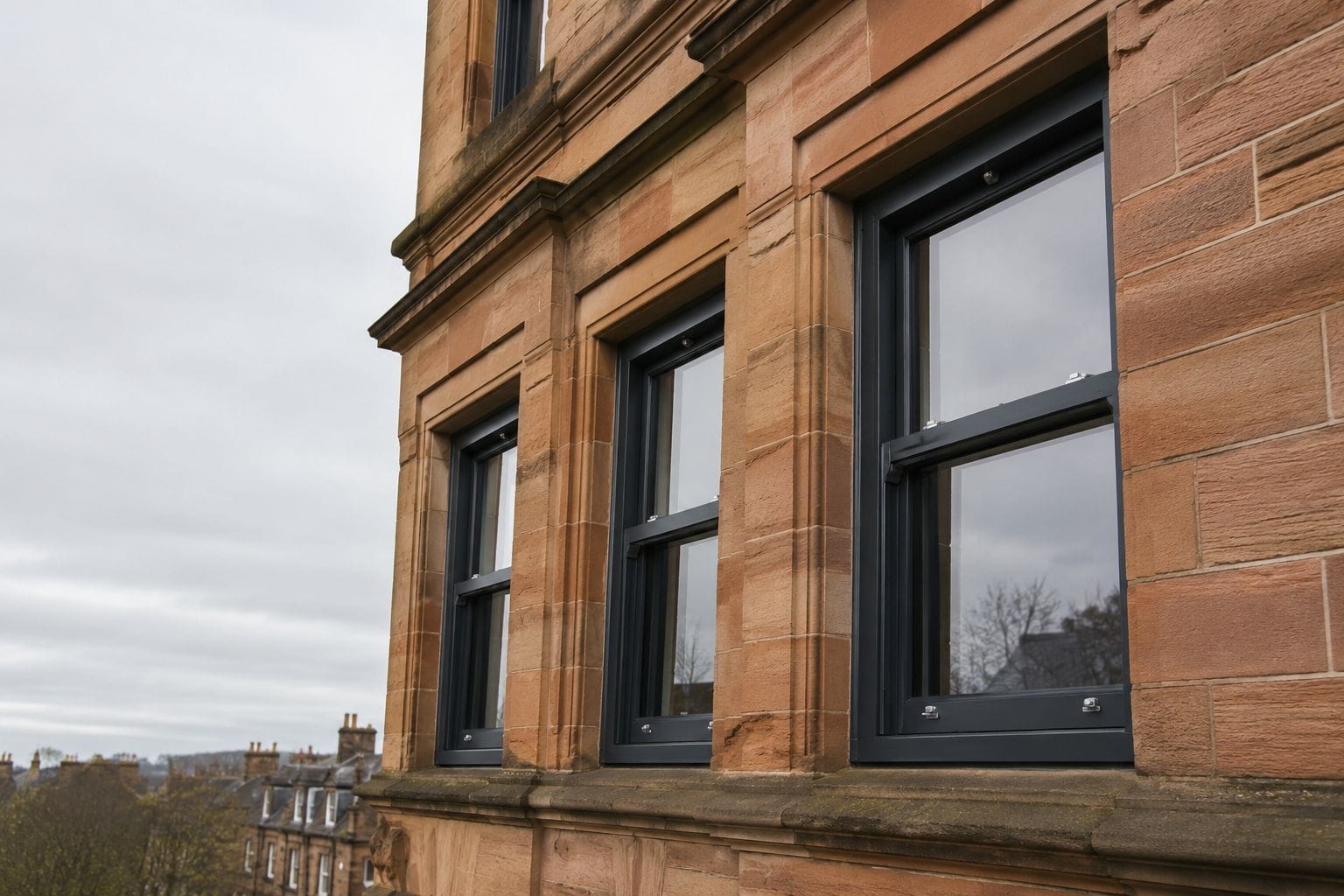 uPVC windows on a red sandstone Glasgow tenement