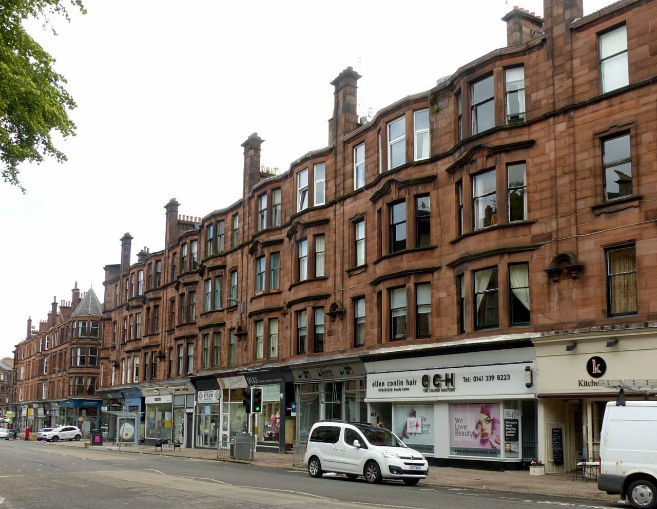 Red sandstone tenements with bay windows on Hyndland Road, Glasgow West End