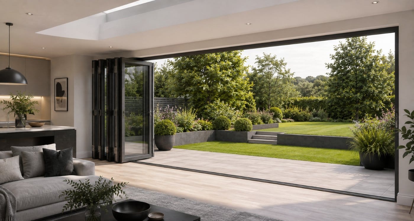 Bifold doors folding open a living space to the garden