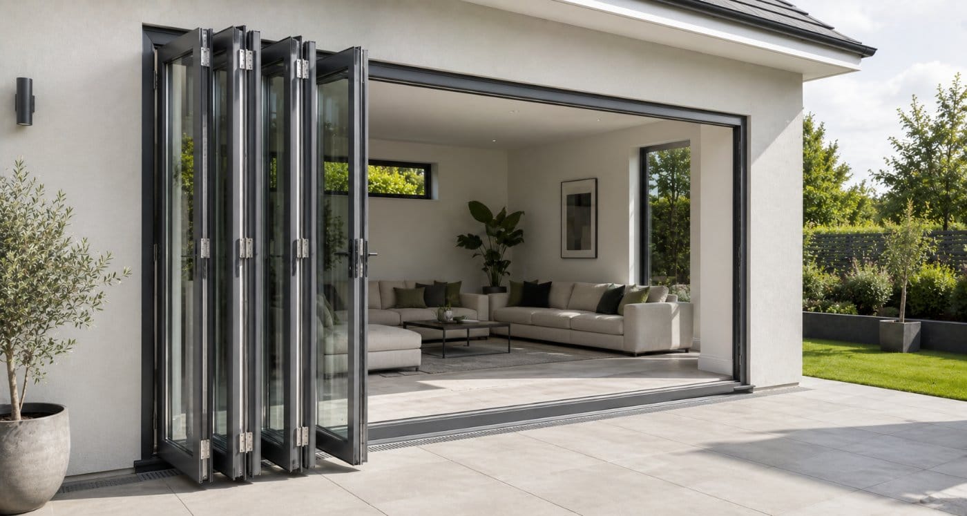 Multi-panel bifold doors folded to one side
