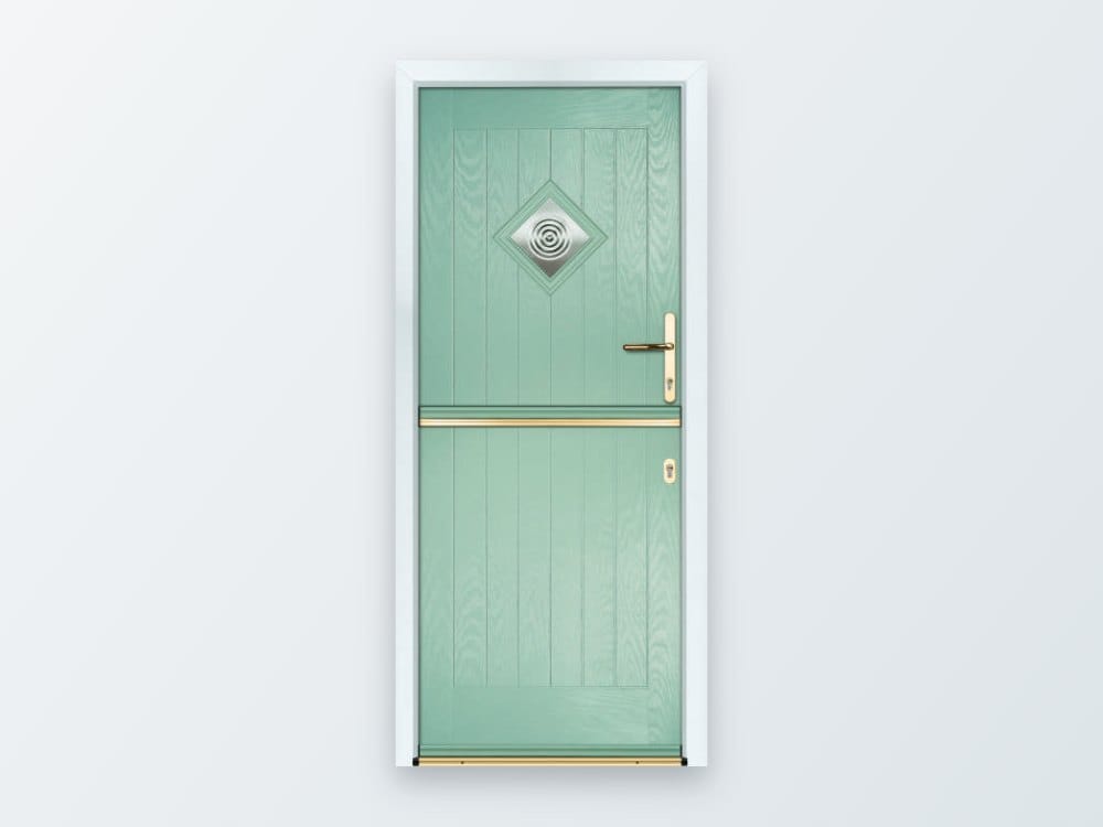 Composite stable door in Chartwell green with gold hardware and a decorative glass panel