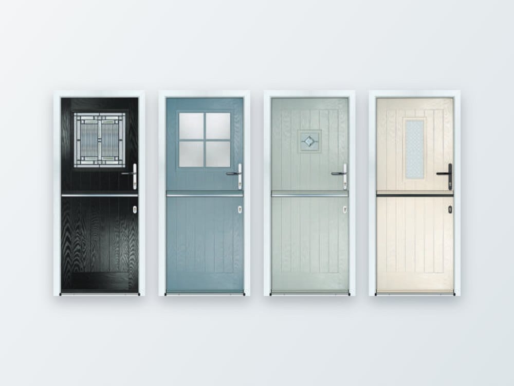 Composite stable doors in black, blue-grey, silver grey and cream with different glass options