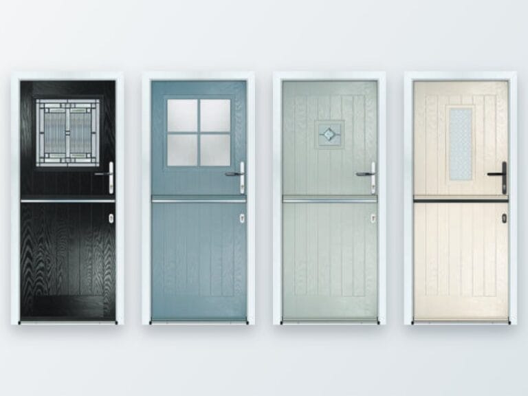 Composite stable doors in black, blue-grey, silver grey and cream
