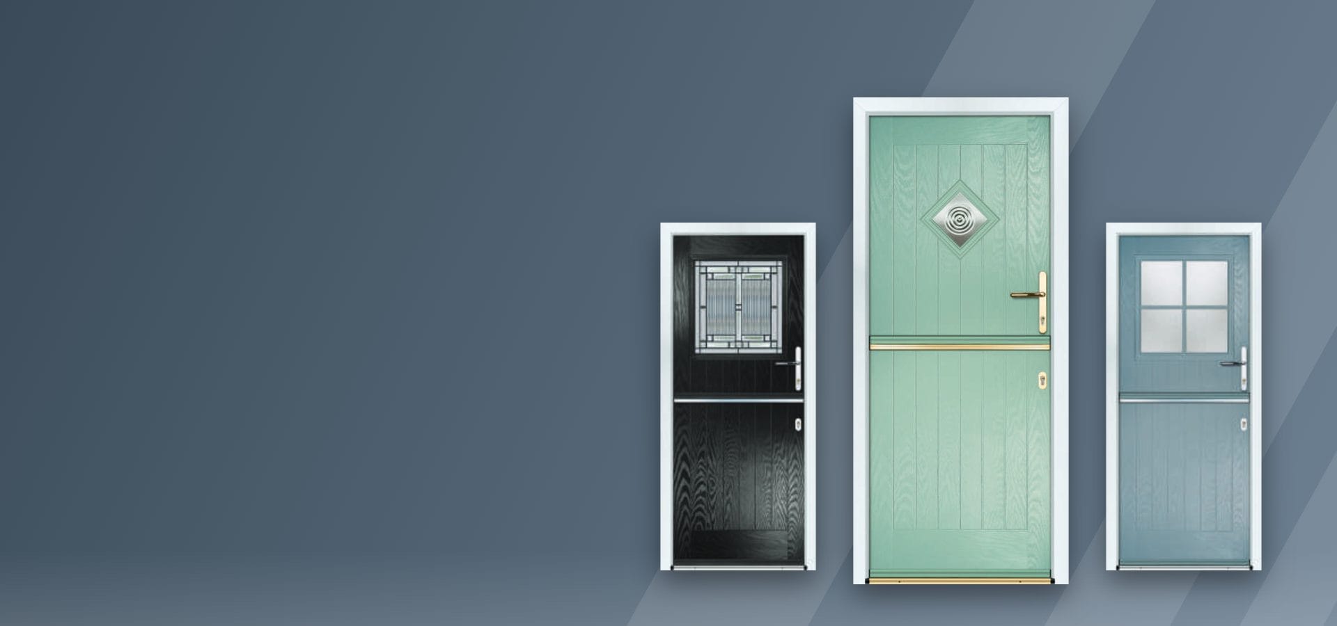 Three composite stable doors in black, Chartwell green and blue-grey
