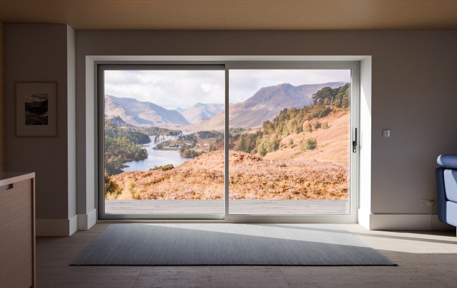 Aluminium sliding patio door with a coastal view