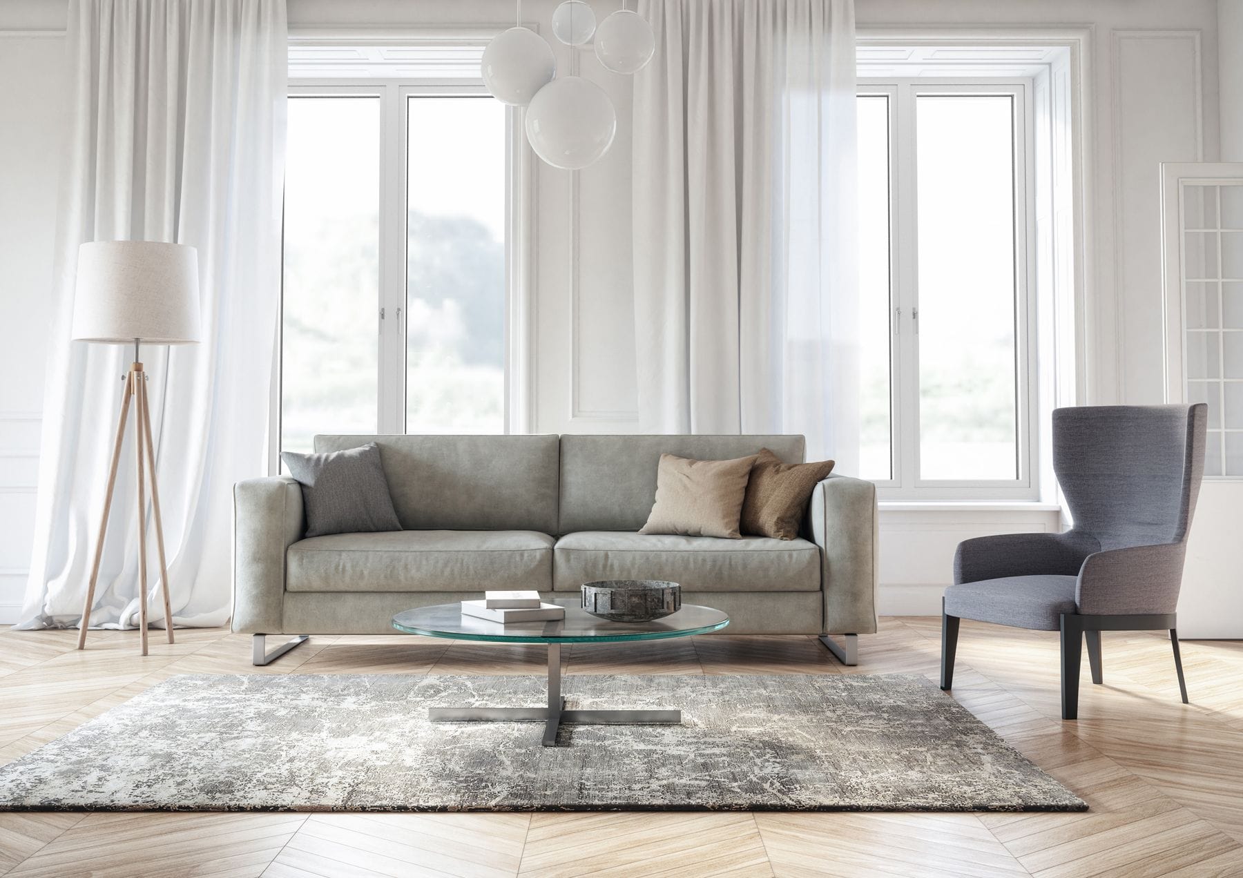 Slim aluminium windows in a bright lounge