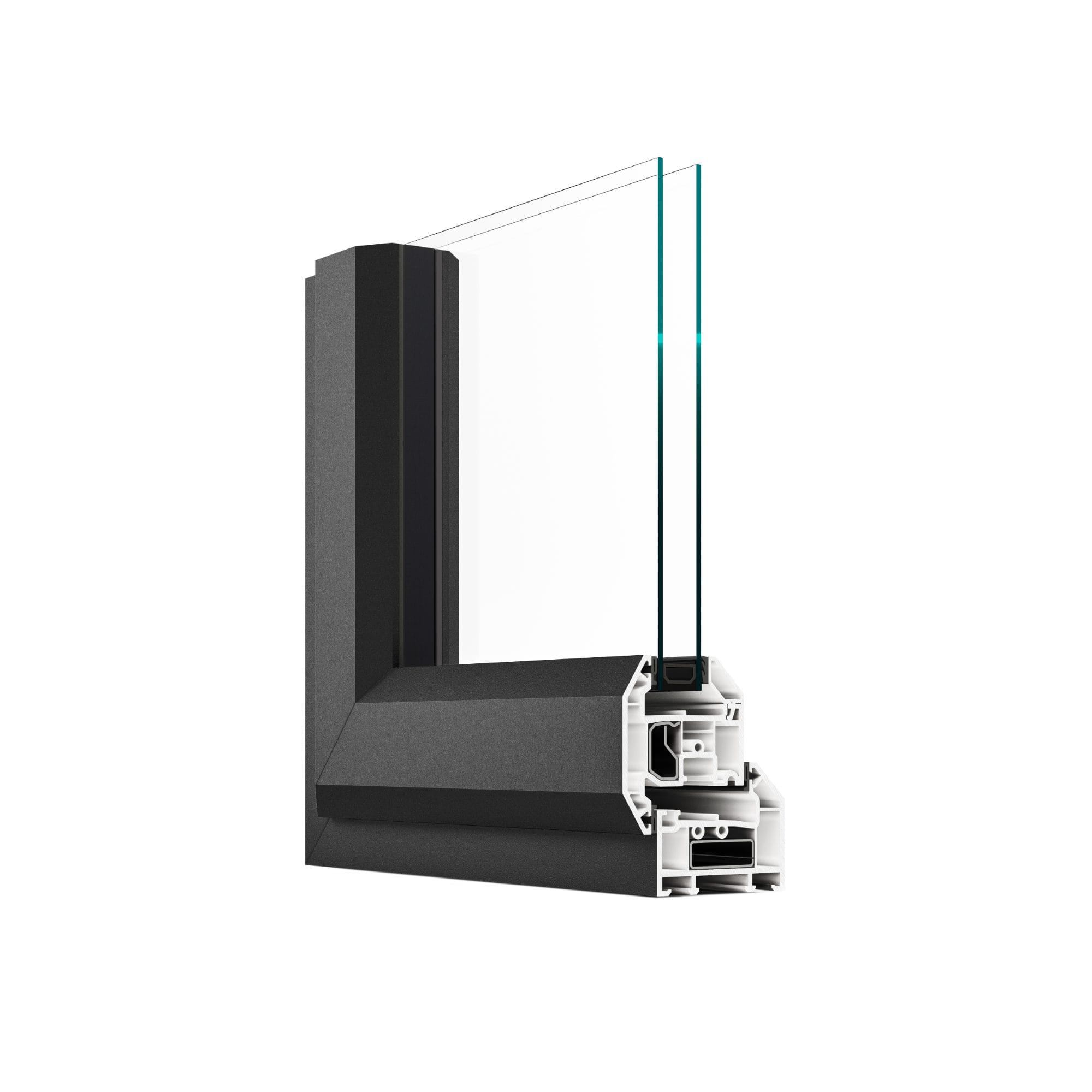 UPVC casement window - cross-section showing the frame chambers and glazing
