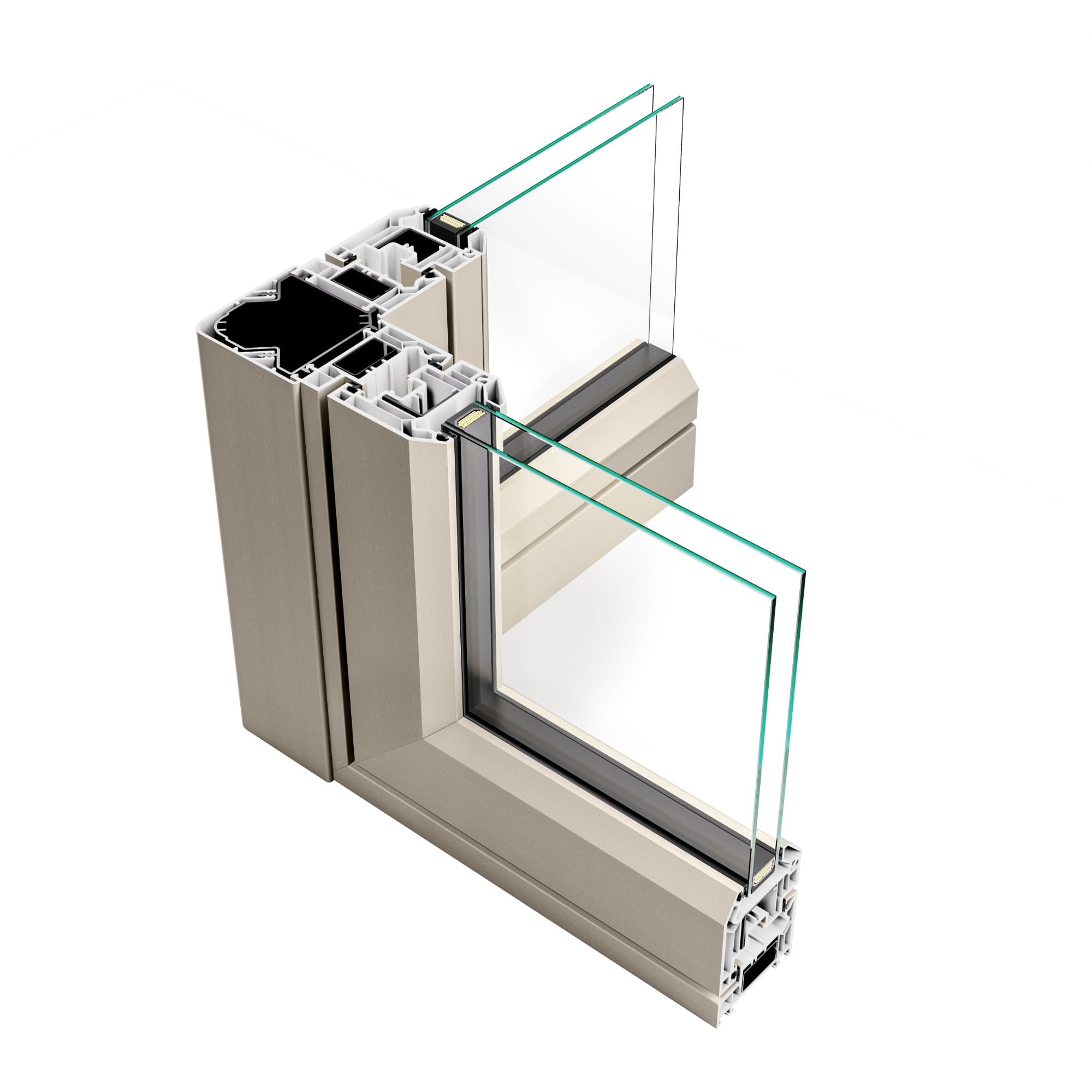 UPVC casement window - cross-section showing the frame chambers and glazing