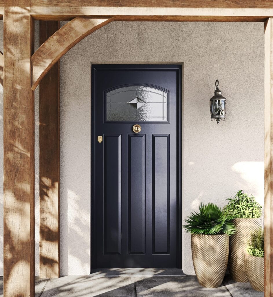 Steel blue uPVC front door in a styled home setting