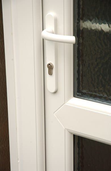 Multi-point lock and handle on a white uPVC door