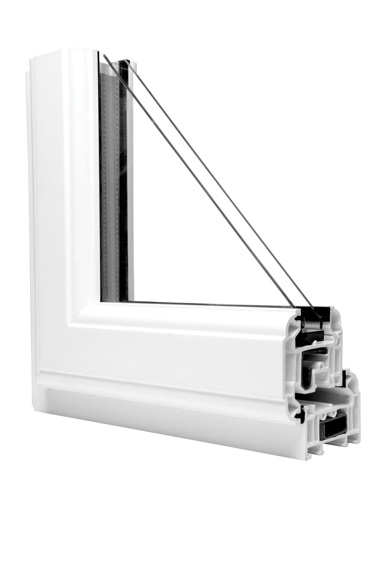 White uPVC window profile - cross-section showing the frame chambers and glazing
