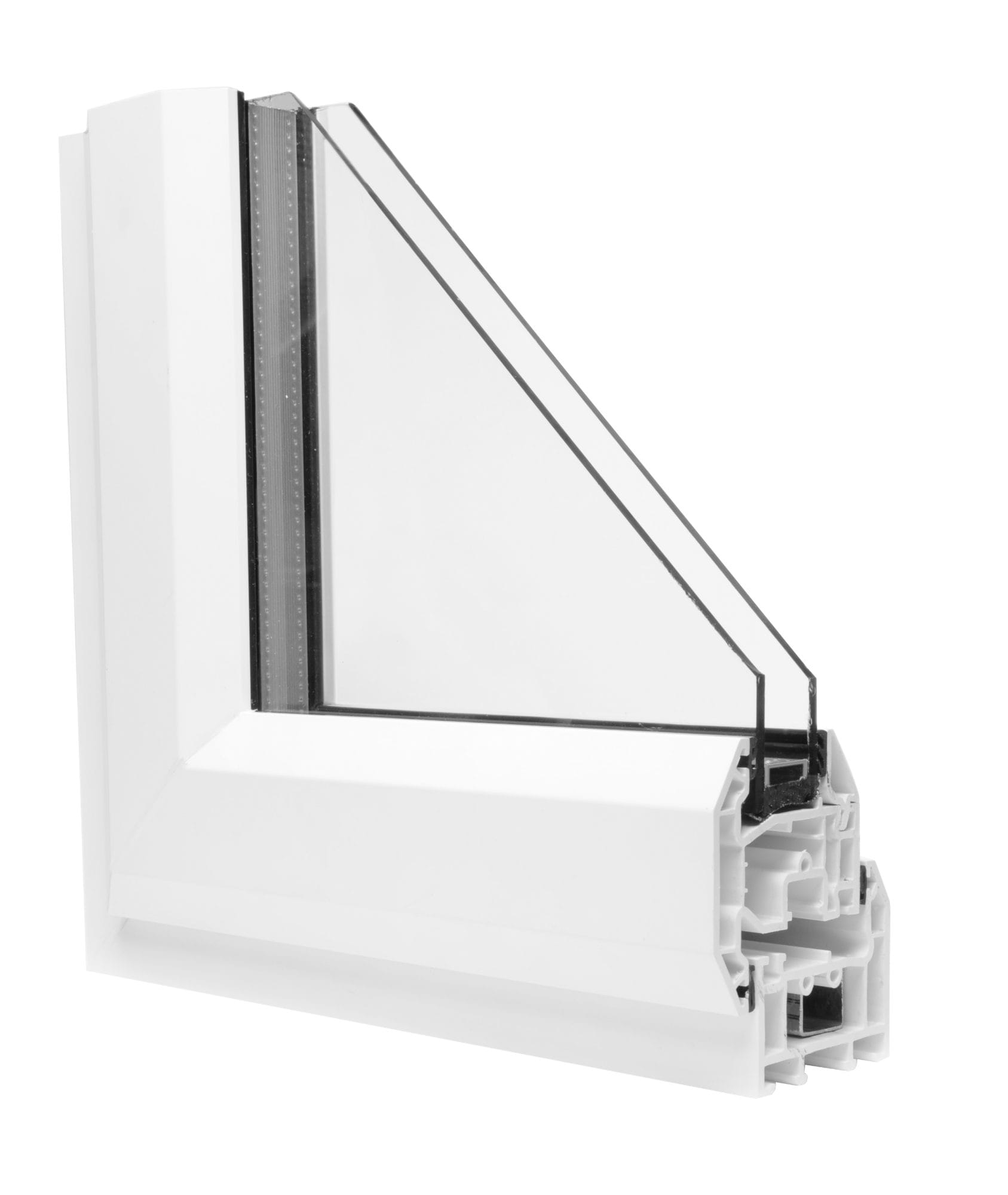 White uPVC window profile - cross-section showing the frame chambers and glazing