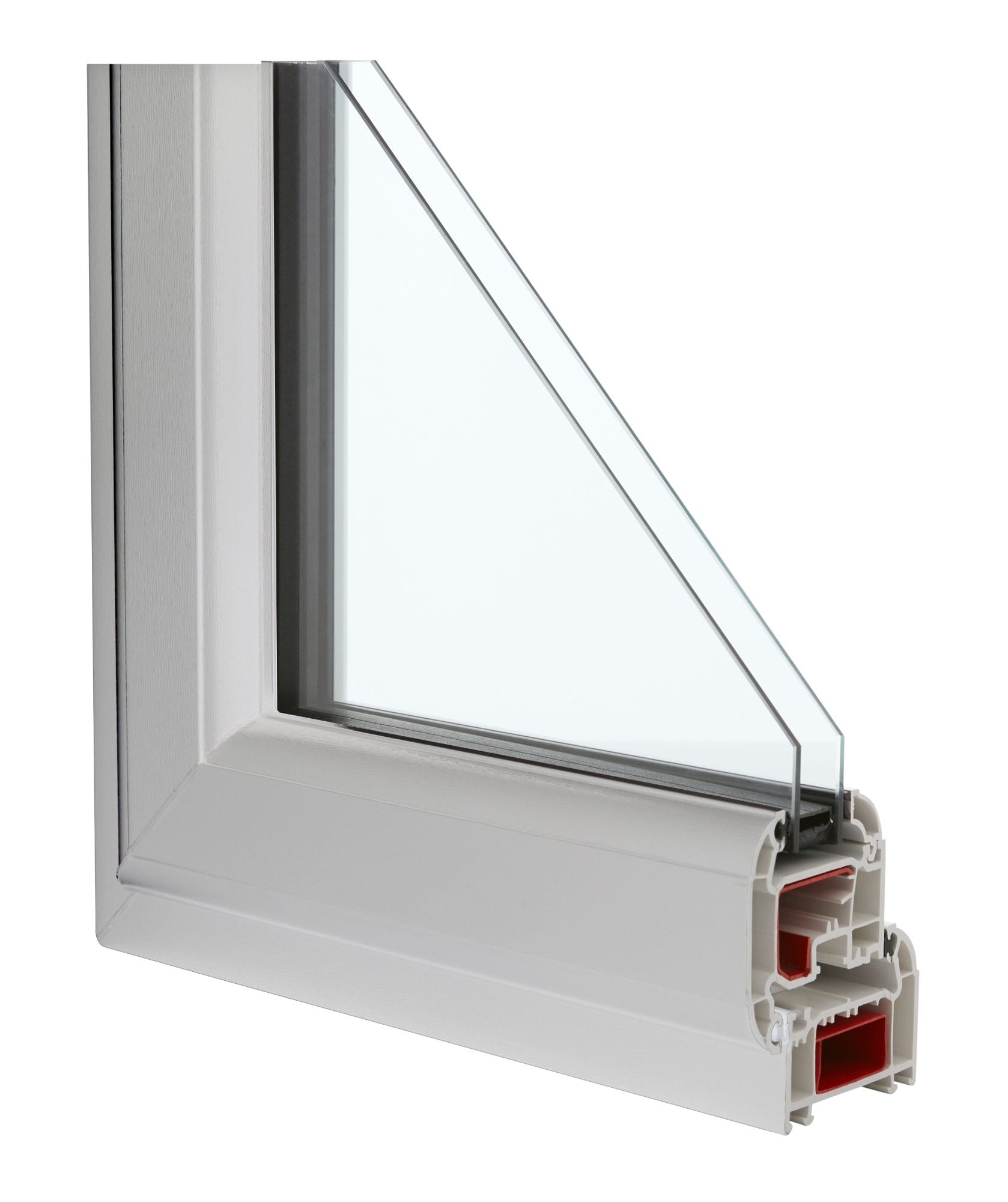 White uPVC window profile - cross-section showing the frame chambers and glazing
