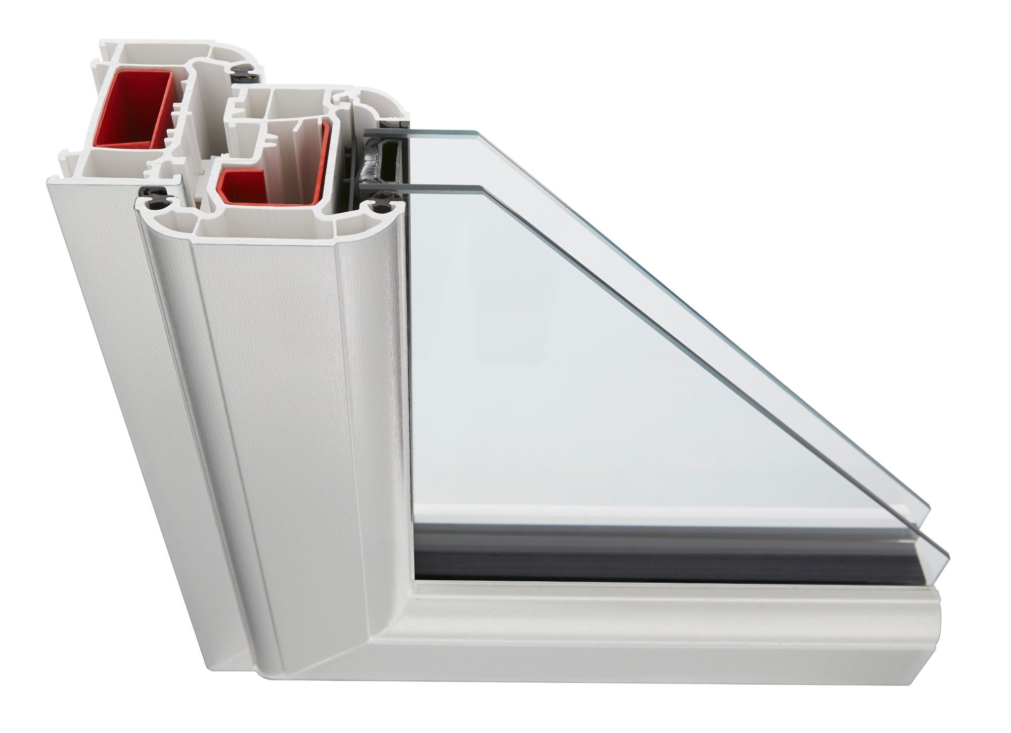 White uPVC window profile - cross-section showing the frame chambers and glazing