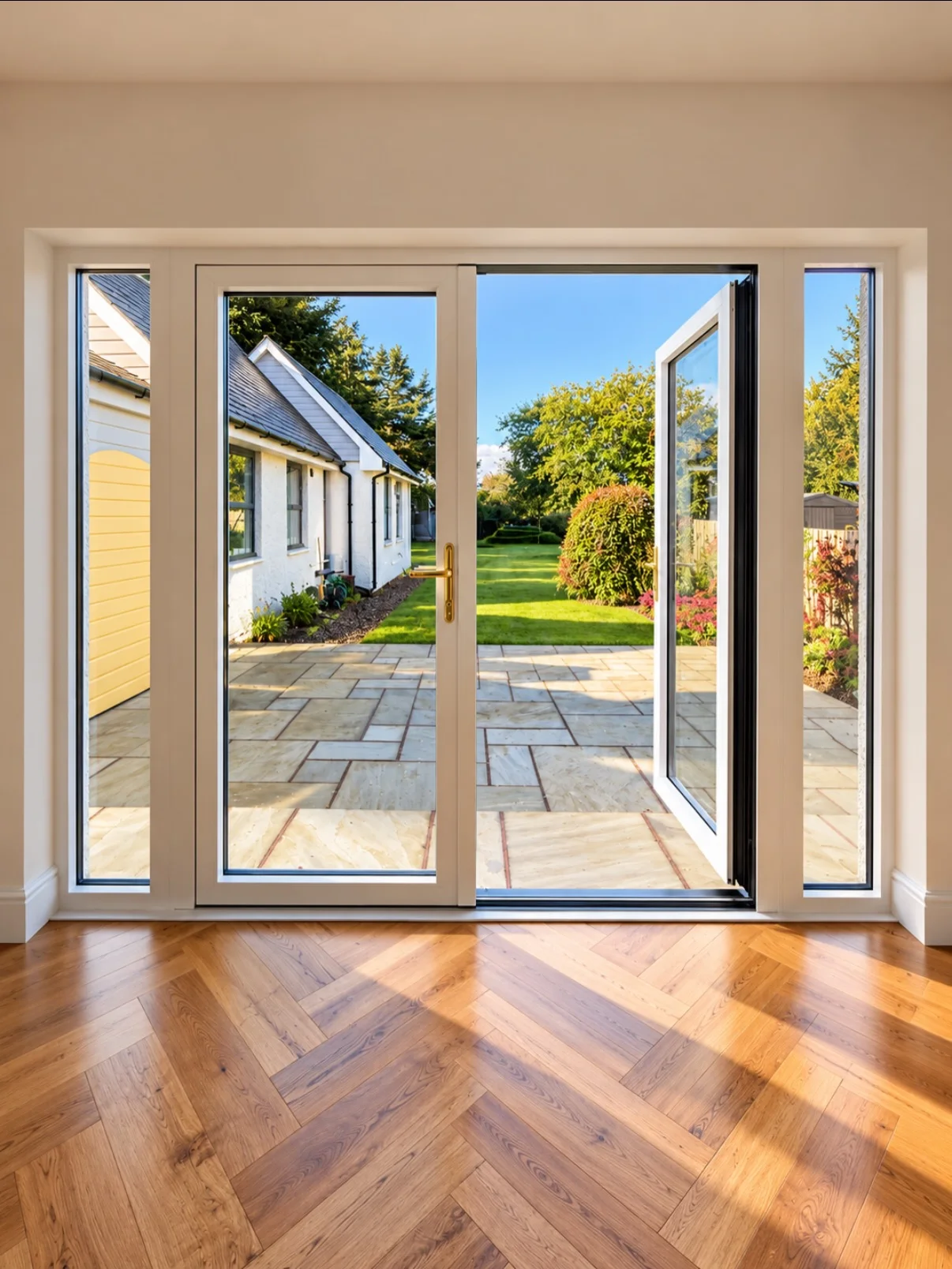 Inside view of aluminium French doors with a white internal finish and matching sidelights