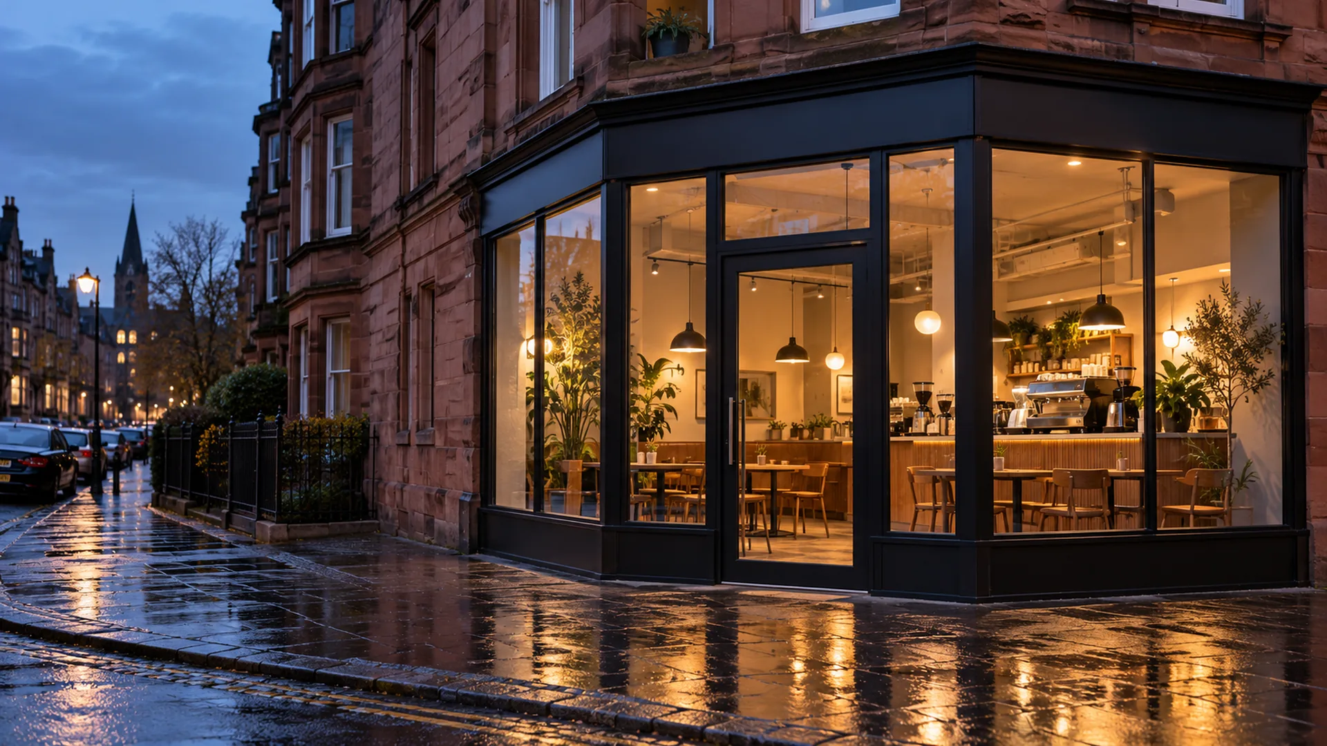 Aluminium shop front on a corner coffee shop in Glasgow at dusk