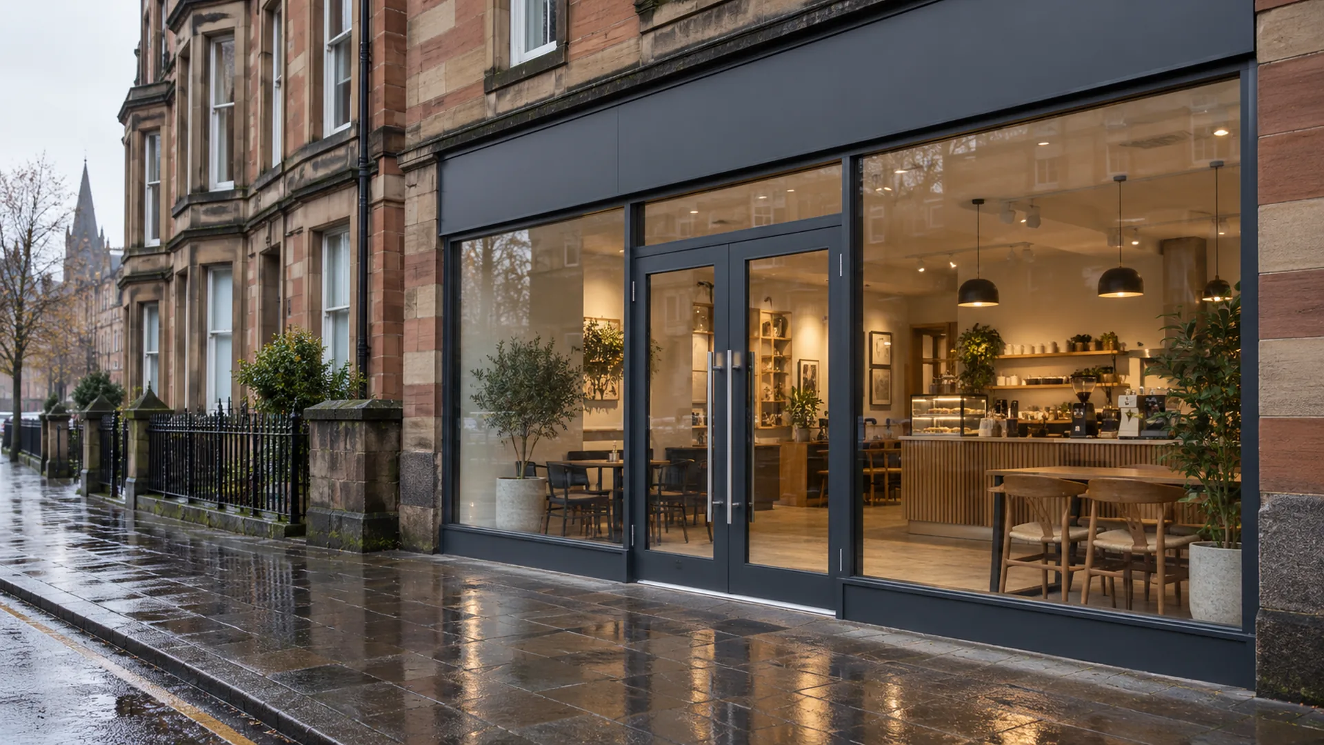 Aluminium shop front with anthracite frames on a sandstone tenement in Glasgow