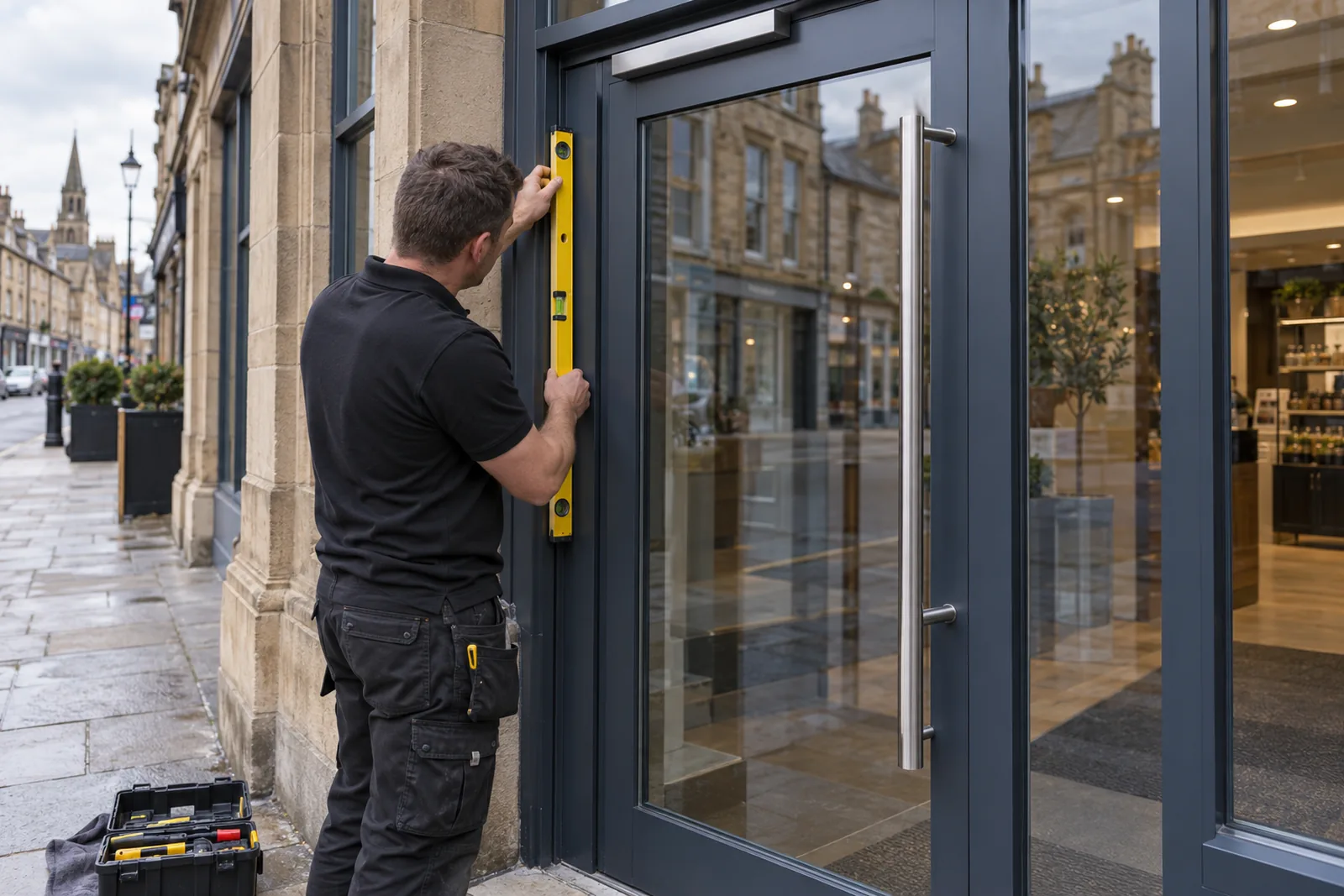 NuView installer fitting an aluminium commercial entrance door on a shop front
