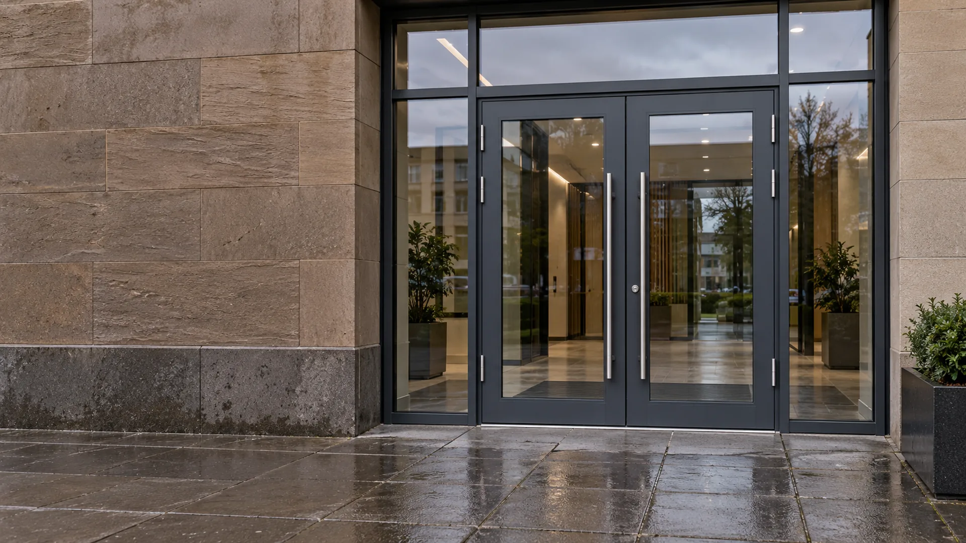Anthracite aluminium double entrance doors with glazed sidelights on a commercial building in Glasgow