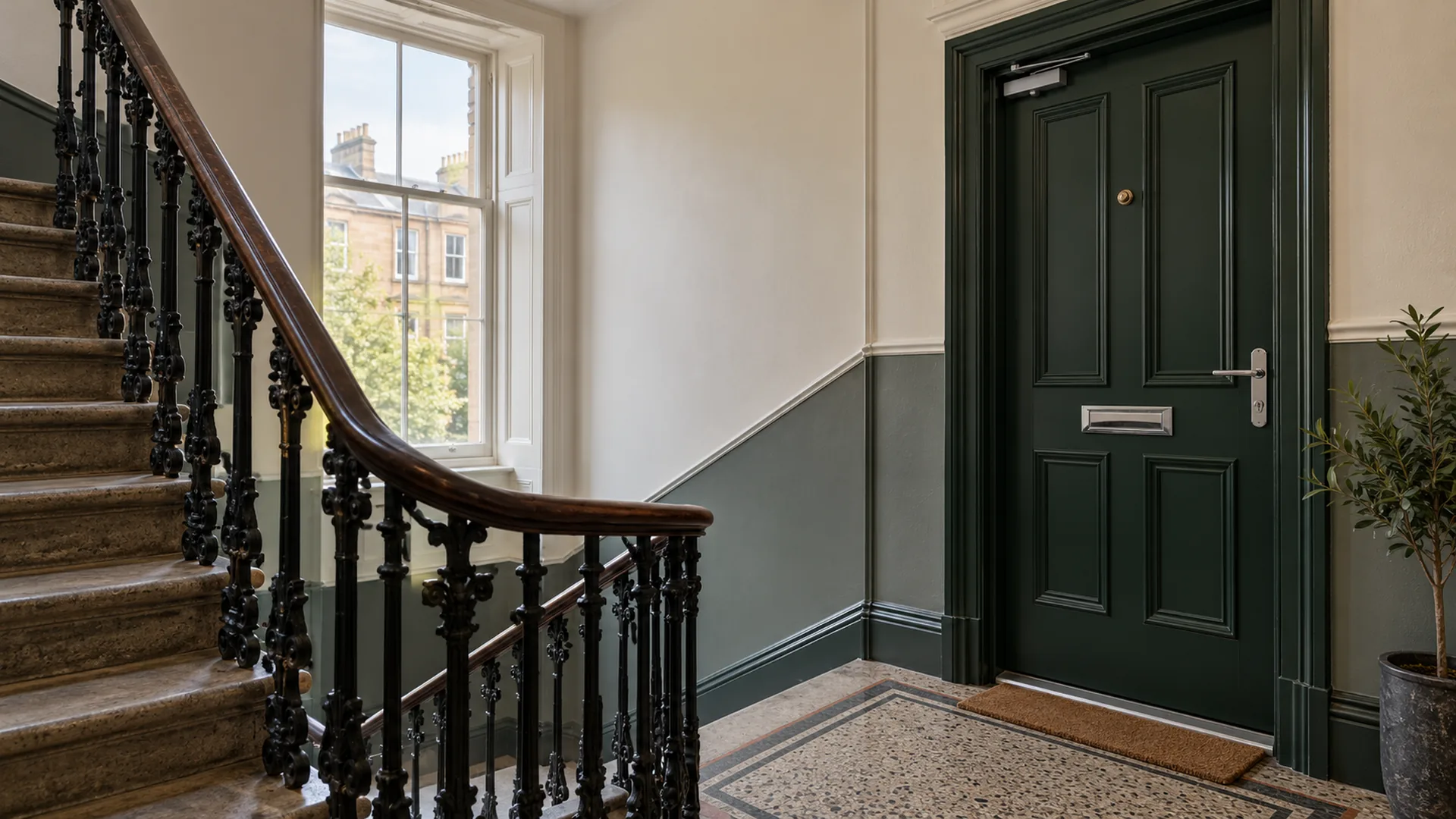 Green composite flat entrance fire door on a Glasgow tenement close landing