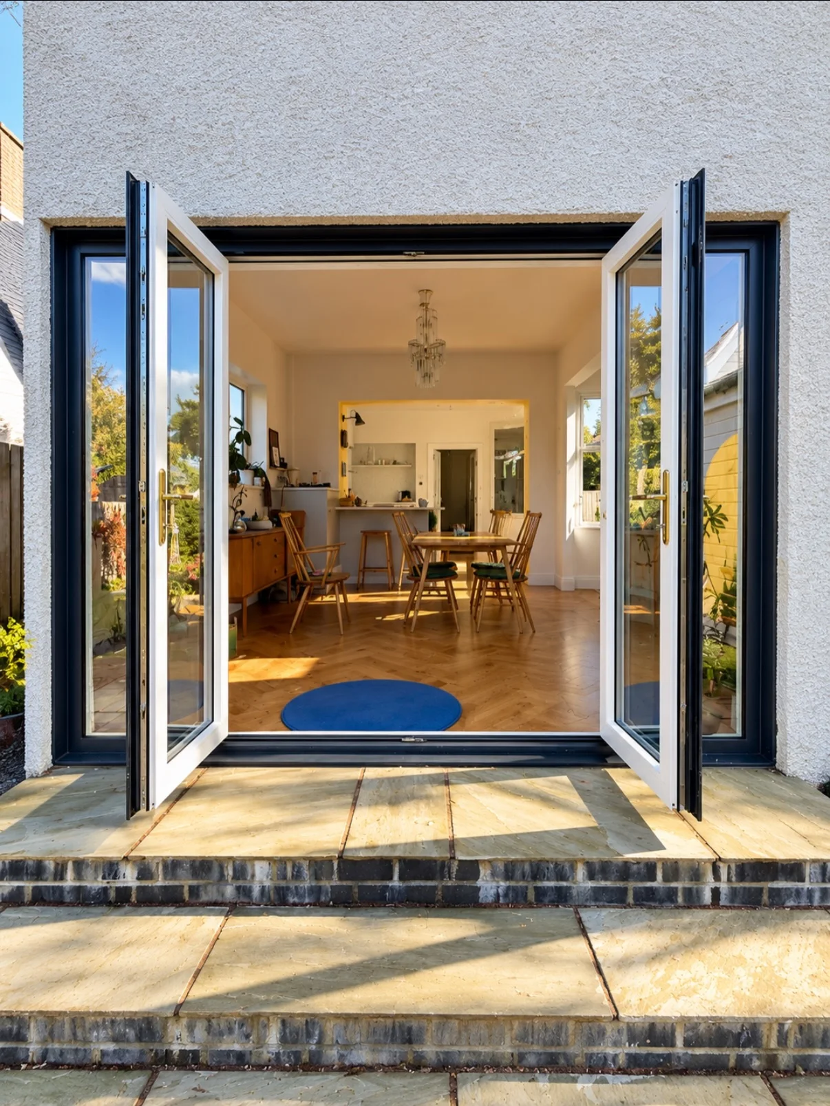 Sheerline aluminium French doors in anthracite grey, open onto a stone patio, fitted by NuView